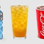 Showcasing 3 different drinks from Chick fil a Drinks menu, including Coca Cola, Powerade and Sunjoy